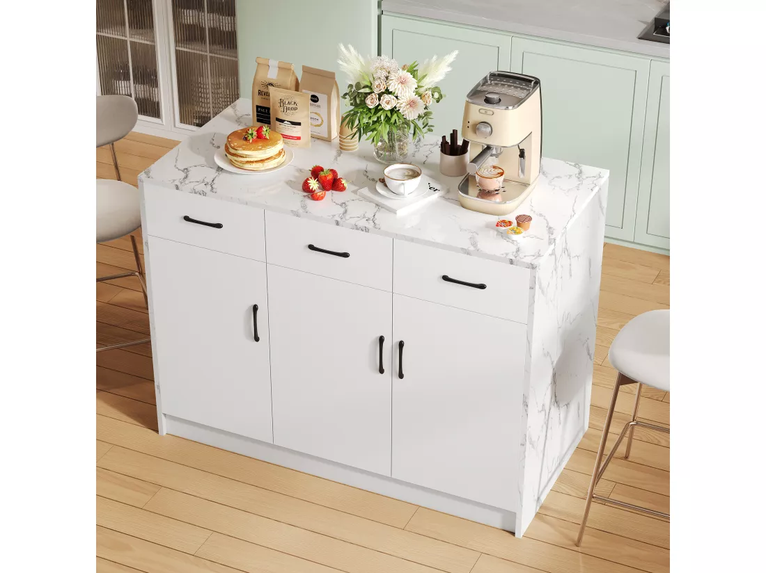 Ilot central de cuisine avec 3 portes et 3 tiroirs - 112 x 60 x 90.5 cm - Plateau en effet marbre - Bois MDF - Blanc