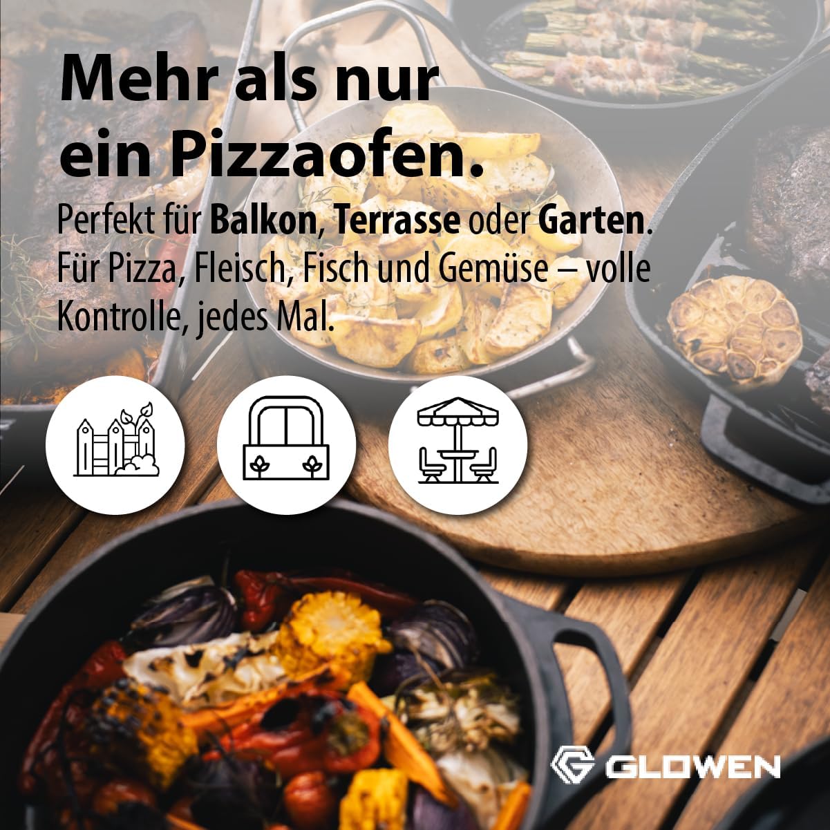 Glowen Raptor Pizzaofen Gas und Holz - Multi-Brennstoff Pizza Ofen Outdoor für Pizzen bis 34 cm – Erreicht in nur 25 Minuten 500 °C – Rolling Flame Technology – 20 mm Schamottstein (Schwarz)