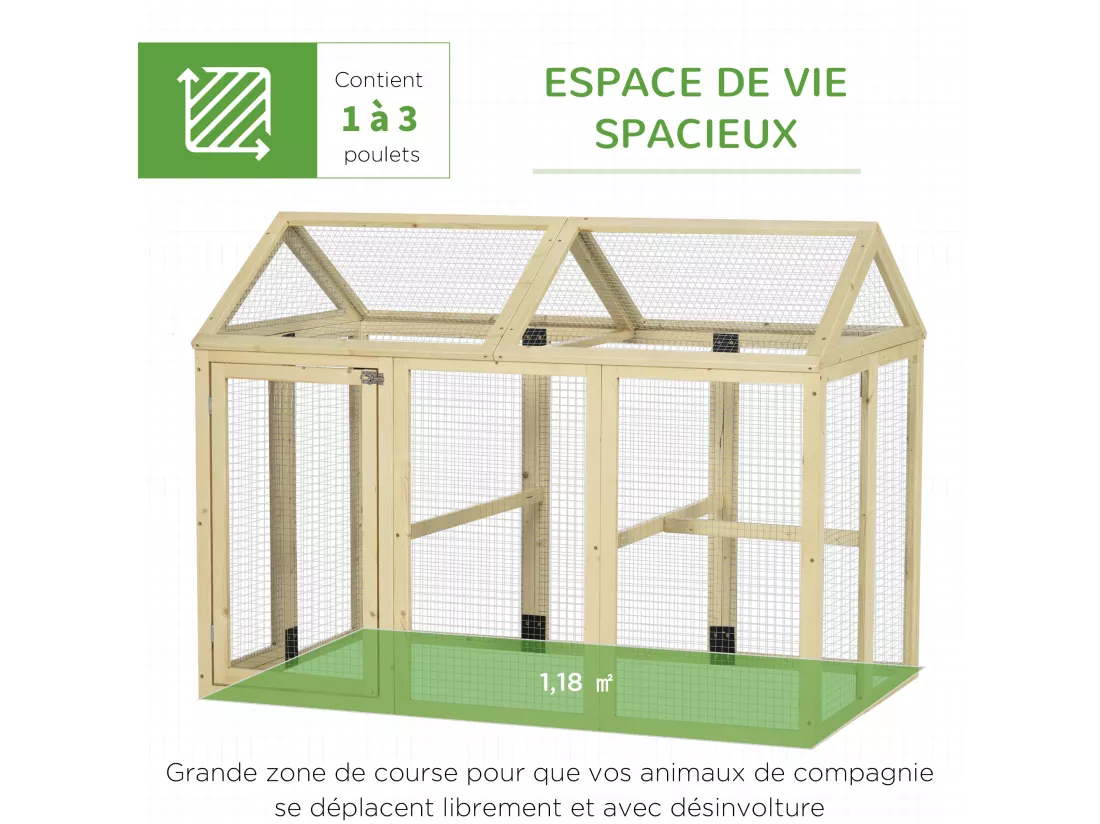 Enclos poulailler chenil 1,23 m² - parc grillagé dim 140L x 88,5l x 106H cm - 2 portes verrouillables - bois sapin