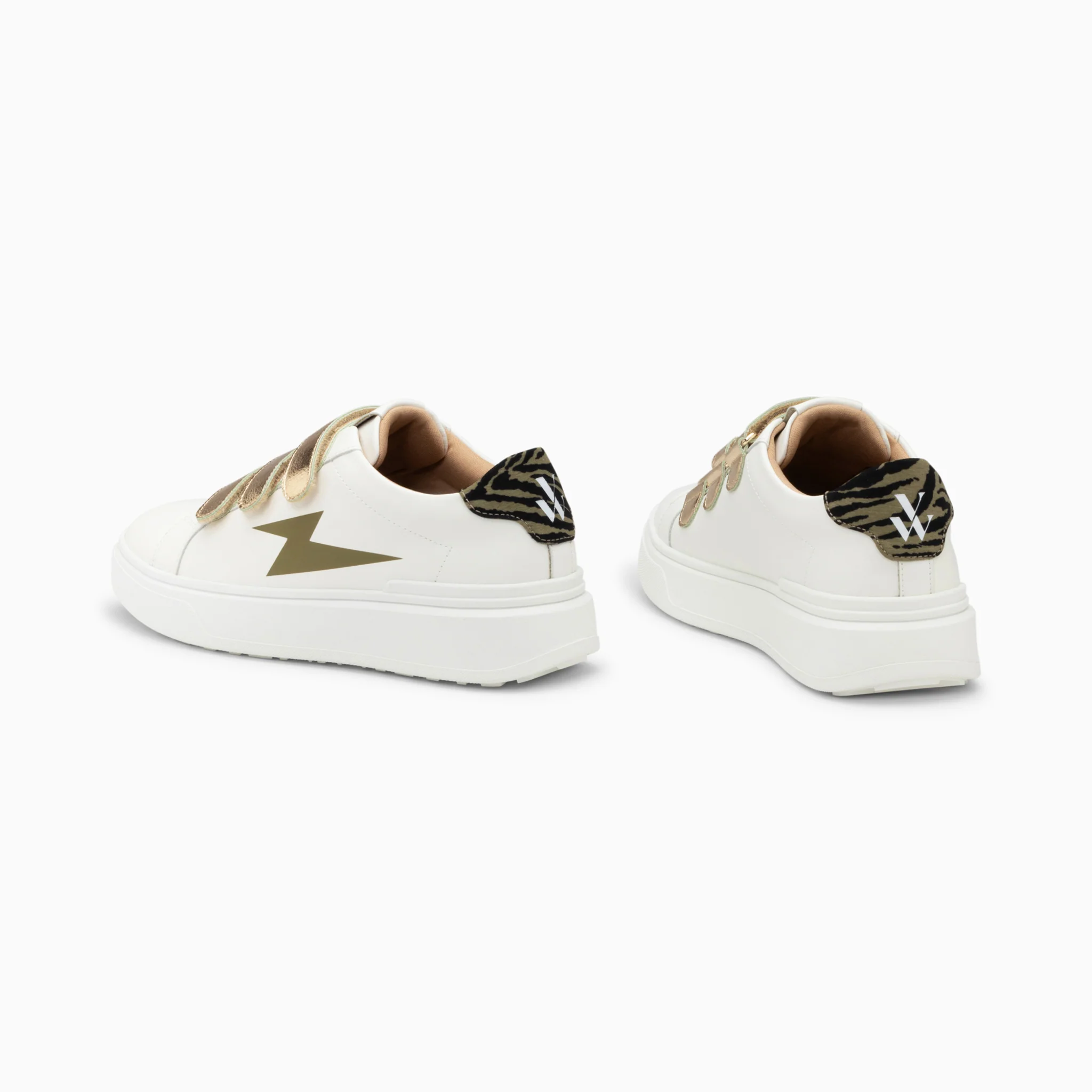 Sneakers-Baskets éclair Salomé blanc et kaki à scratchs or