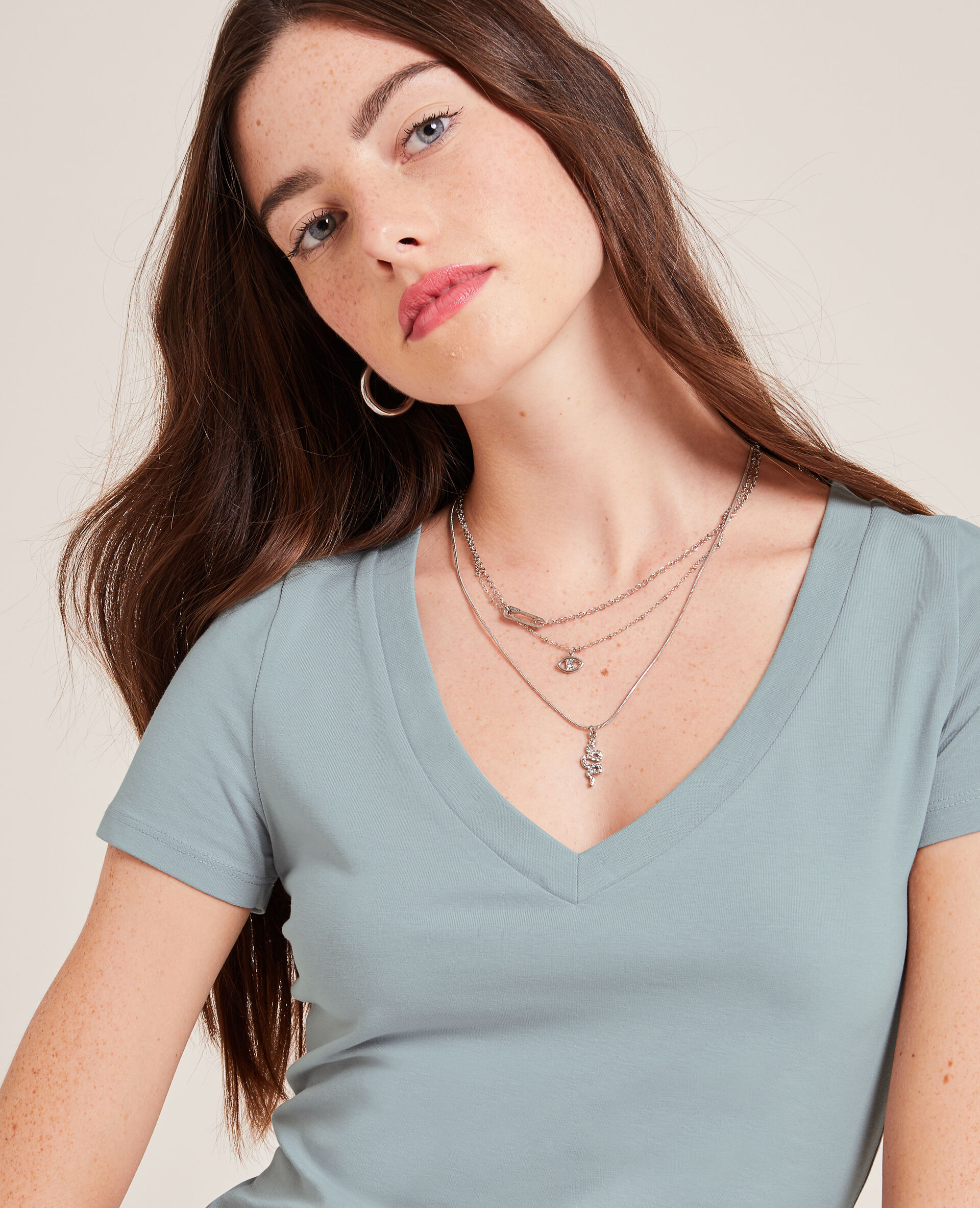 T-shirt col V - Gris clair