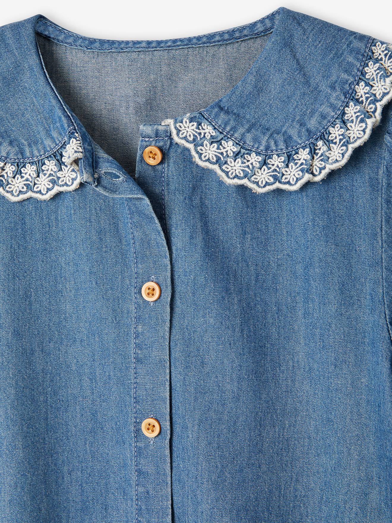 Camisa jeans de manga curta com gola Peter Pan para meninas (cor pedra)