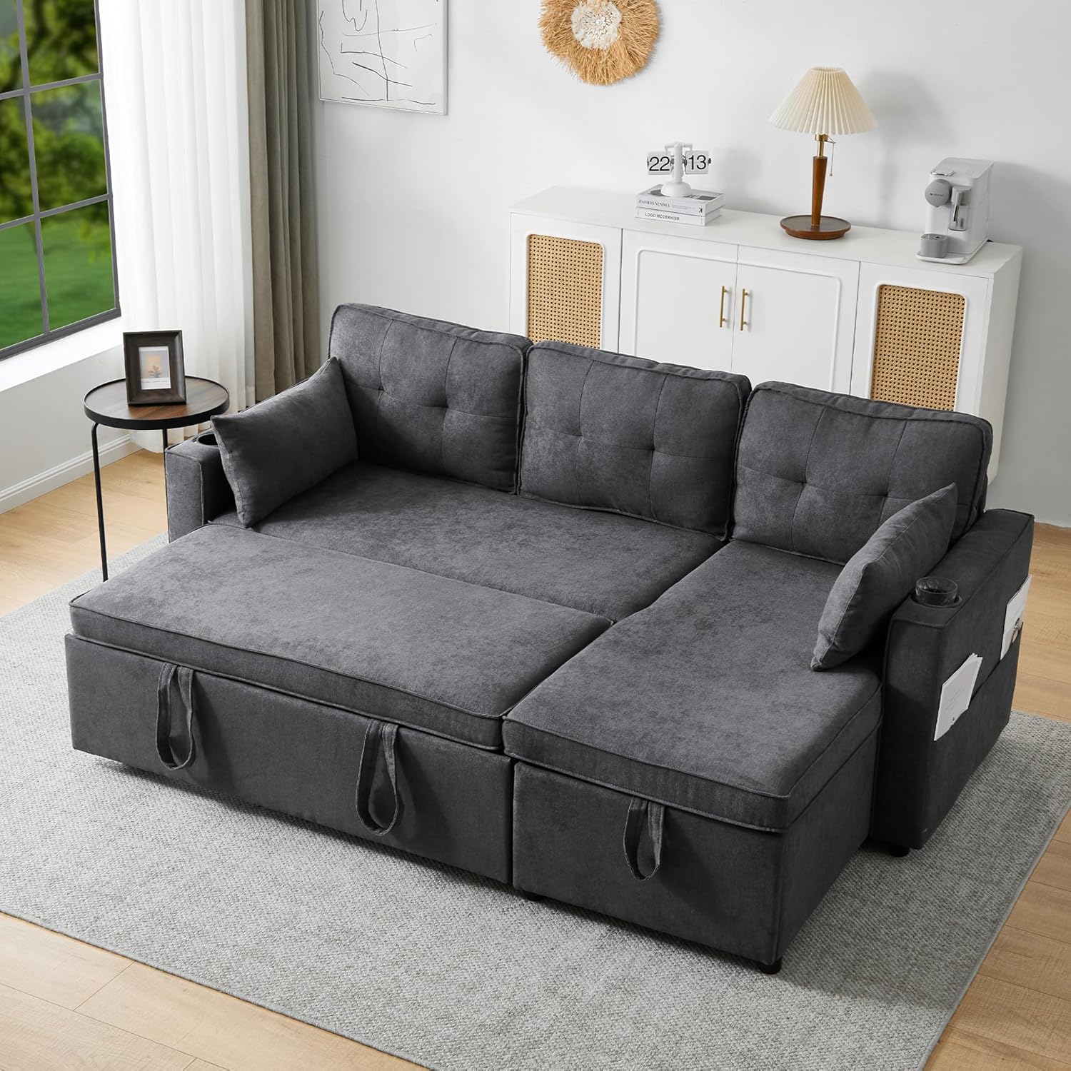 Bladez L-förmiges Schlafsofa mit Stauraum Getränkehalter austauschbare Chaise Longue Modernes Ecksofa Wohnzimmer Sofa Baumwoll-Leinen (Grau, 3 Sitzer)