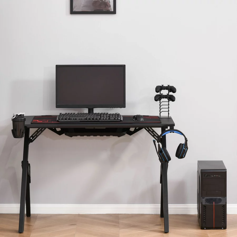 HOMCOM Gamingtisch mit Headset-Haken und Getränkehalter rot, schwarz