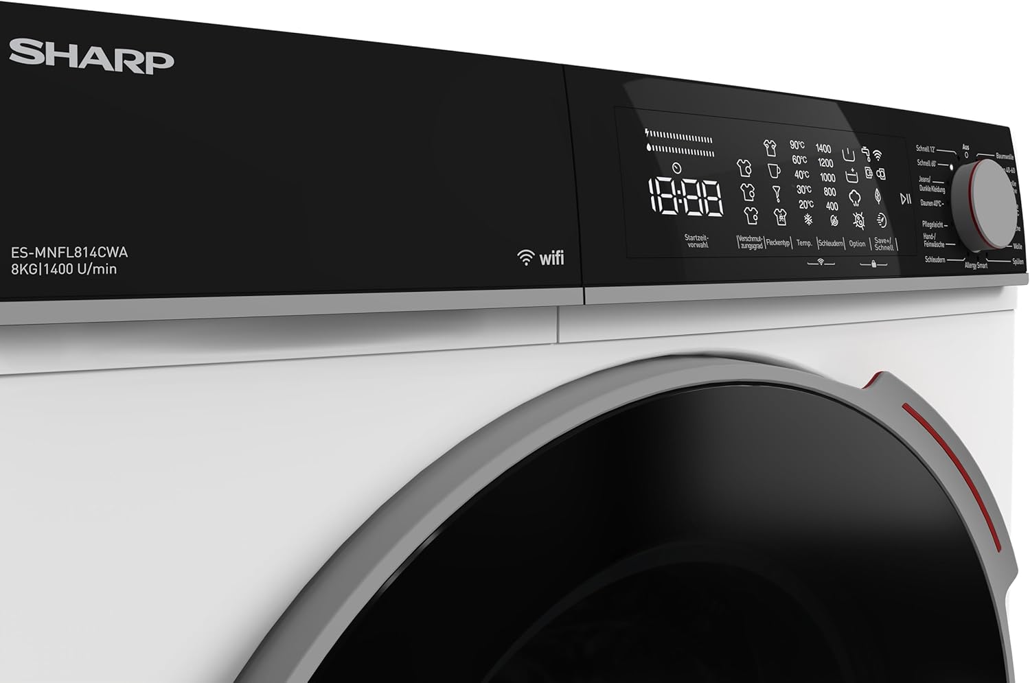 SHARP ES-MNFL814CWA-DE Waschmaschine Frontlader | 8 kg | Energieeffizienzklasse A | 1400 U/min | Inverter Motor | AquaStop | Microfiber-Filter | WiFi-Steuerung | Dampf-Funktion | LED-Display