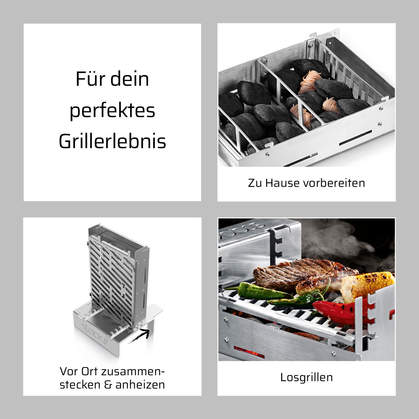 stack Grill 3in1 36cm Edelstahl für Holzkohlebriketts