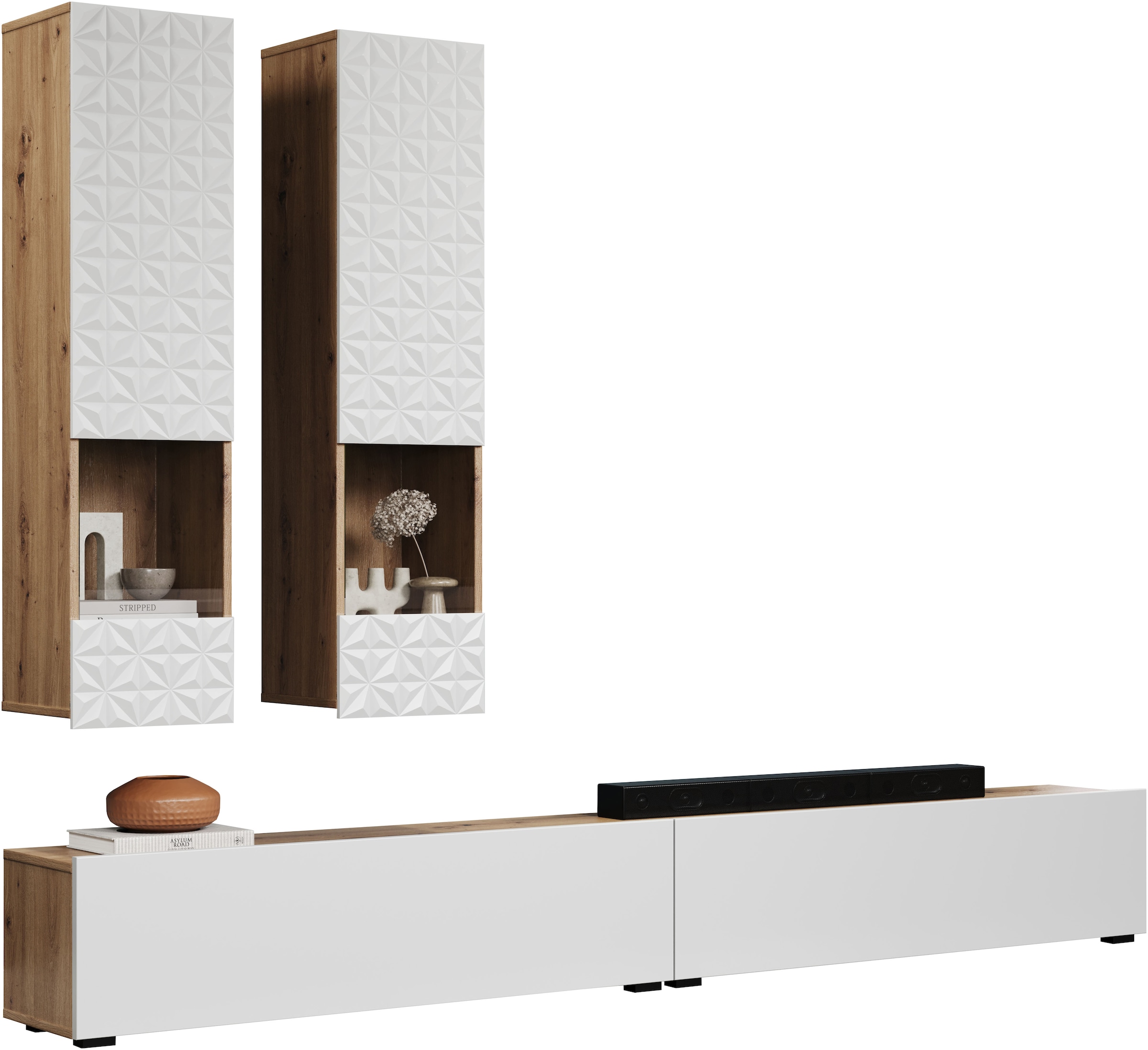 INOSIGN Wohnwand »Rezzo, 2 Hängevitrinen mit Relief-Front, 2 Lowboards je Br. 120 cm« Komplett-Set, 4 Stk. tlg.