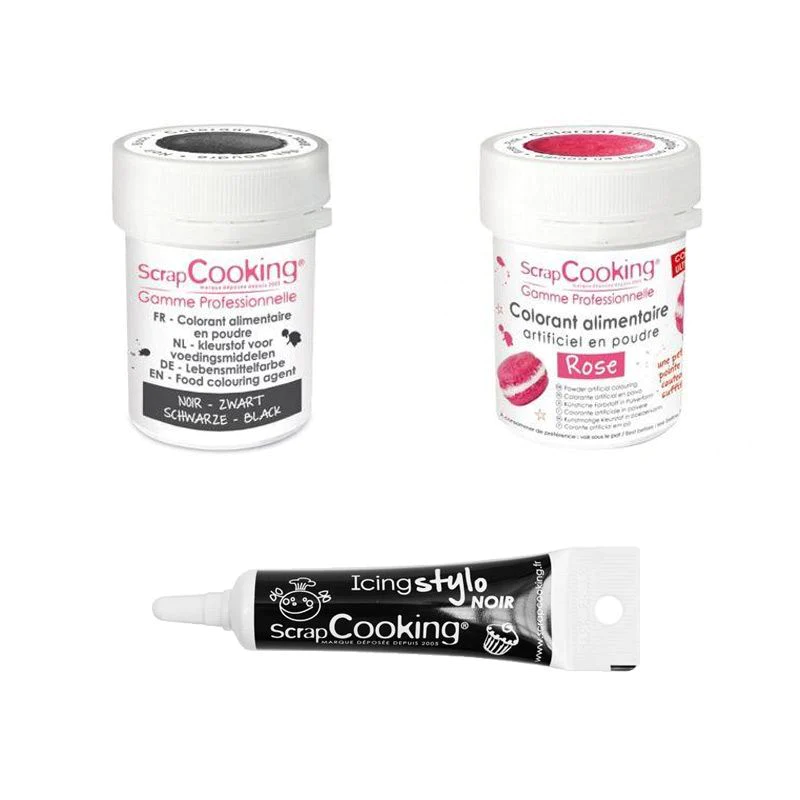 2 colorants alimentaires rose-noir + Stylo glaçage noir Scrapcooking