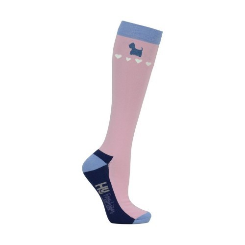 Pacote com 3 pares de meias de montaria nas cores azul, branca e rosa.