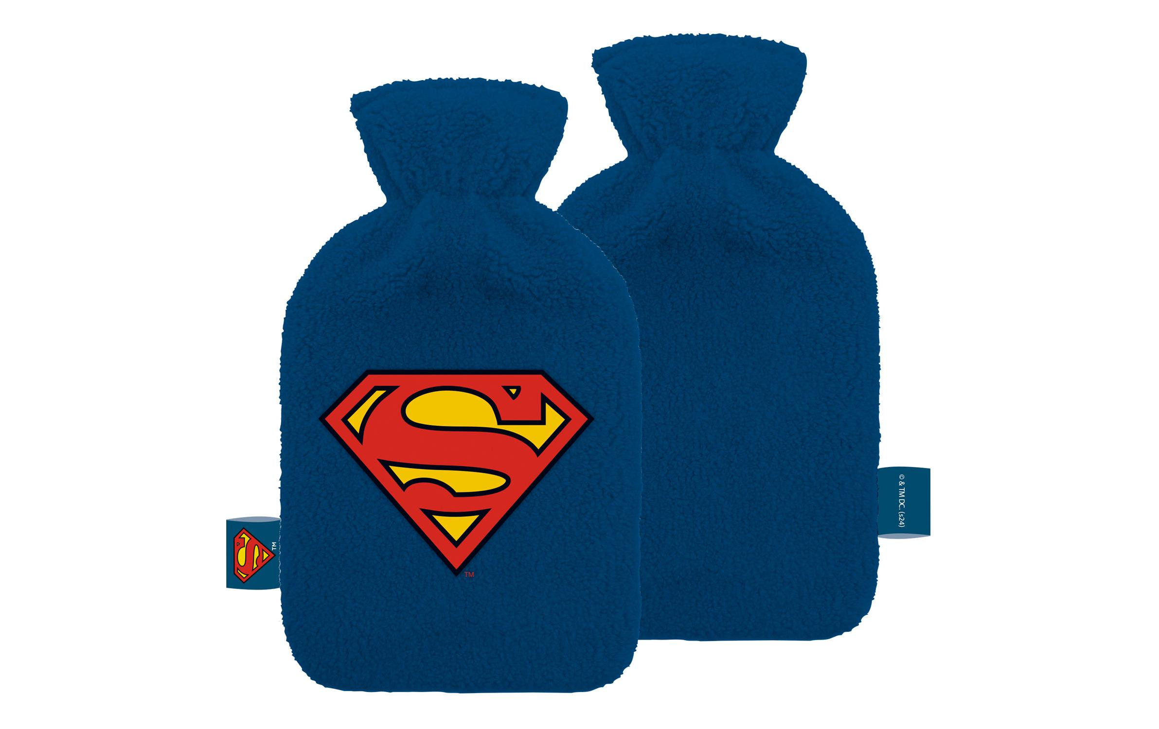 Bettflasche Superman gestickt DunkelblauWärmflasche mit besticktem Plüschbezug