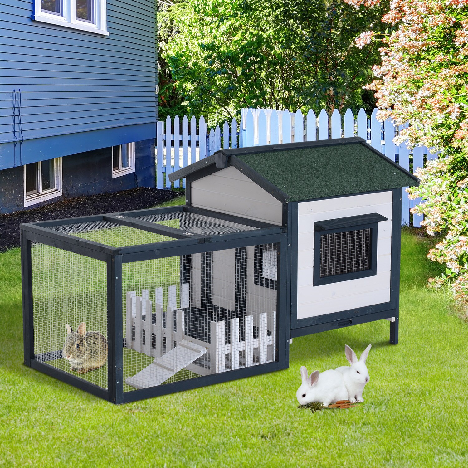 PawHut Meerschweinchenstall mit Freigehege grün, weiß 151 x 78 x 84 cm (LxBxH)
