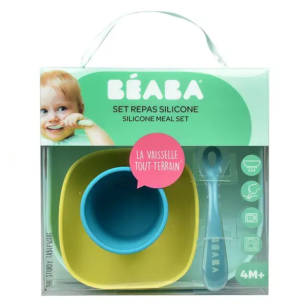 Conjunto de refeição de silicone Béaba com 4 peças, azul
