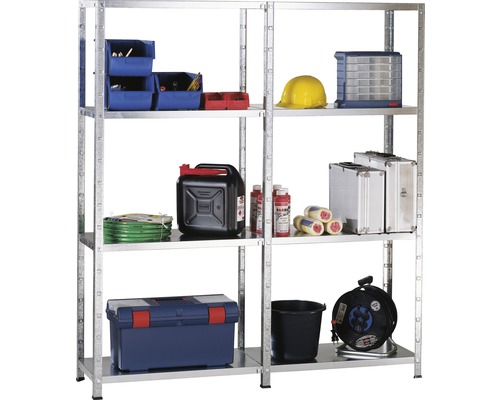 Insteekbare basis- en aanbouwstelling, verzinkt, 180x140x35 cm, 8 legborden, gedeelde hoekprofielen, set draagvermogen 680 kg