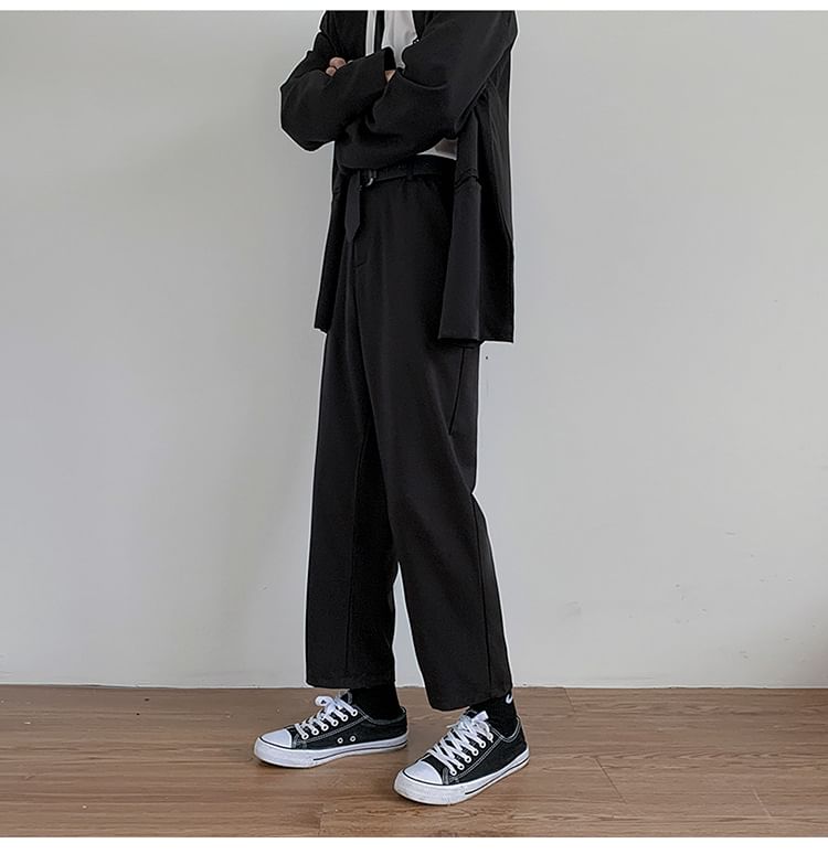 Sinlarity - Mid Rise Plain Cropped Straight Leg Dress Pants