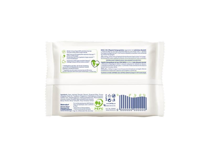 NIVEA Reinigungstücher 3-in-1 Pflegend 25 Stück Pflegende und milde Reinigungstücher mit Mandelöl und Hydra IQ