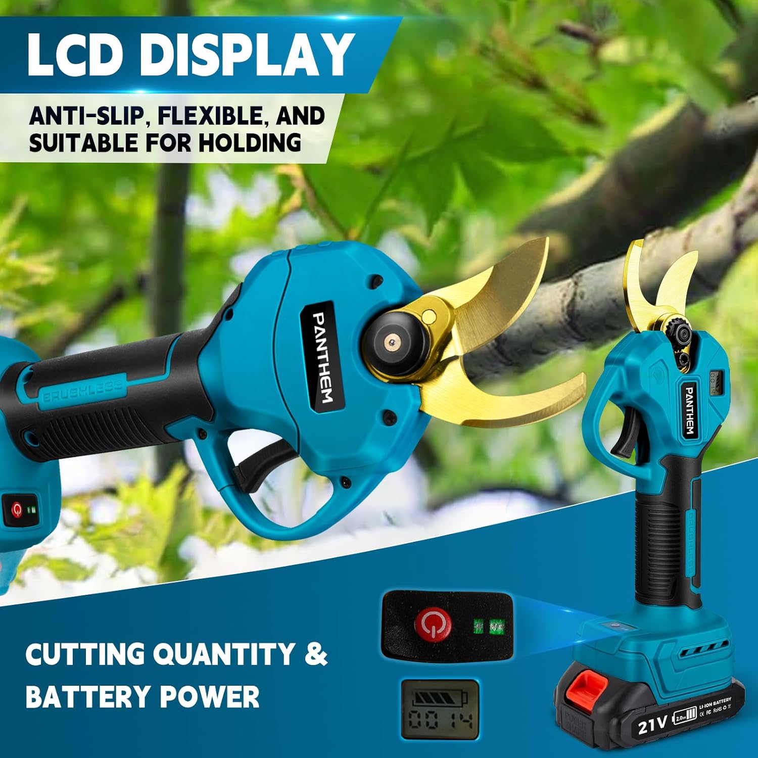 Akku Astschere Elektrische Gartenschere 2 in 1 Teleskop Stange Verlängerungsstange kabellos mit akku für Makita 18V Bürstenlosen Motor Elektrisch Schere LCD zum Beschneiden von Bäumen Obstbäumen