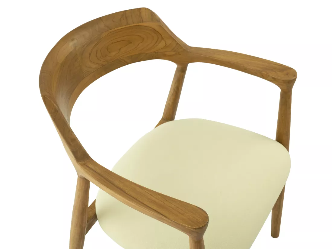 Lot de 6 chaises avec accoudoirs en teck et tissu - Naturel et crème - SOUADY