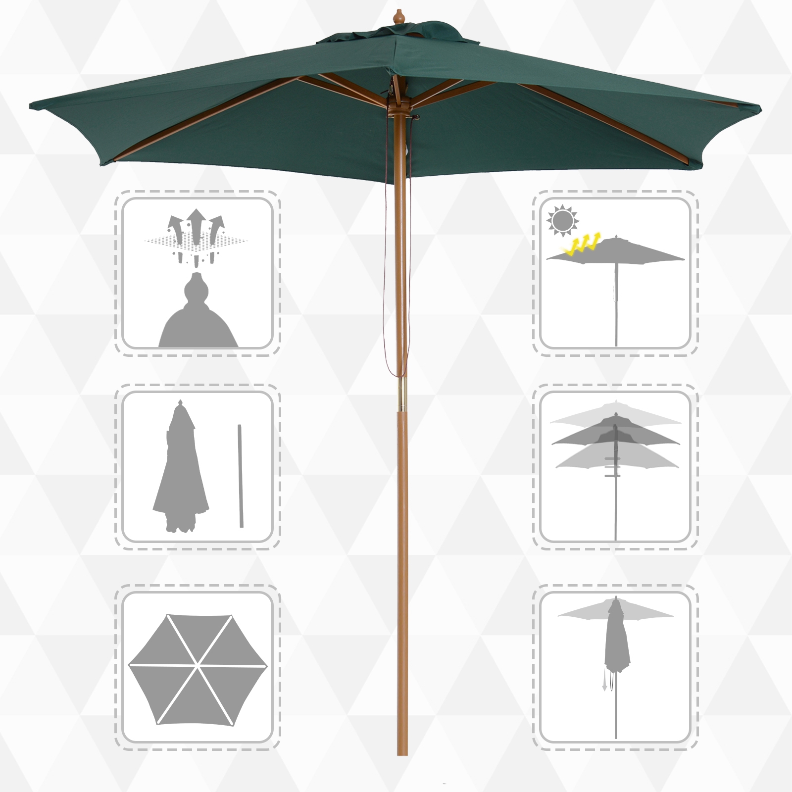 Guarda-sol de jardim Outsunny Ø250x230 cm para terraço, com 6 varetas, mastro removível, proteção UV, impermeável e estrutura de madeira para praia e pátio, na cor verde.