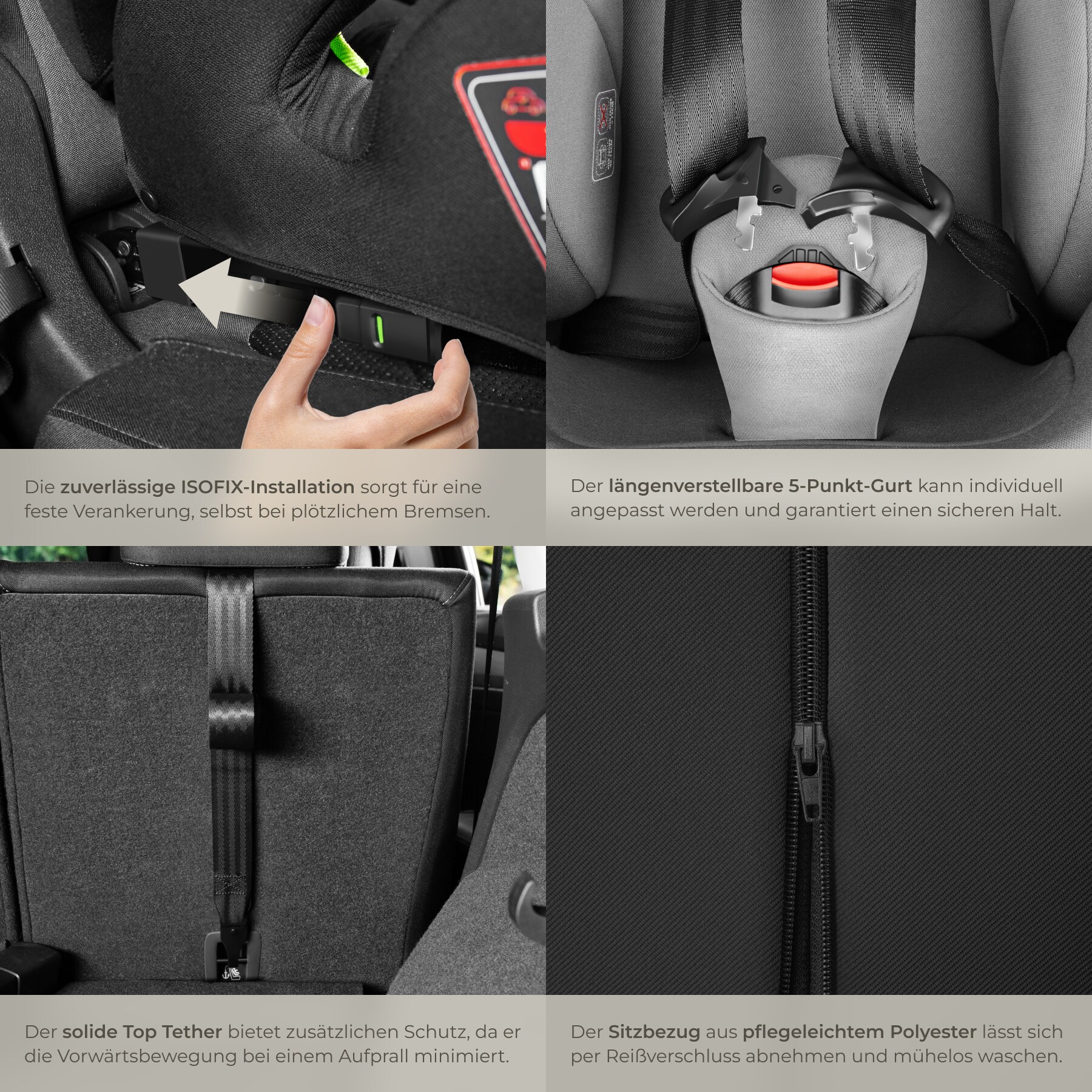 tectake® Autositz, i-Size Zulassung, ISOFIX-Installation und Top Tether, mit Seitenaufprallschutz, längenverstellbarer 5-Punkt-Gurt, 8-fach höhenverstellbare Kopfstütze, ab 15 Monaten von 76 bis 150 cm, Belastbarkeit 36 kg
