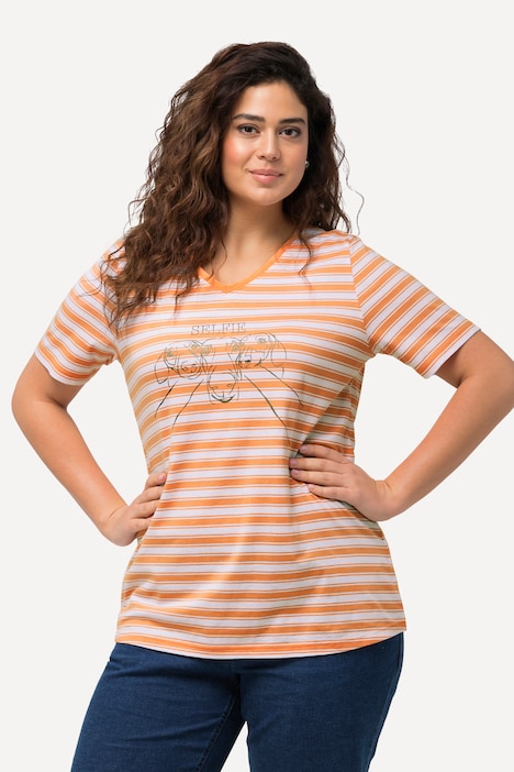 T-Shirt, Ringel, Metallic-Tiermotiv, V-Ausschnitt, Halbarm