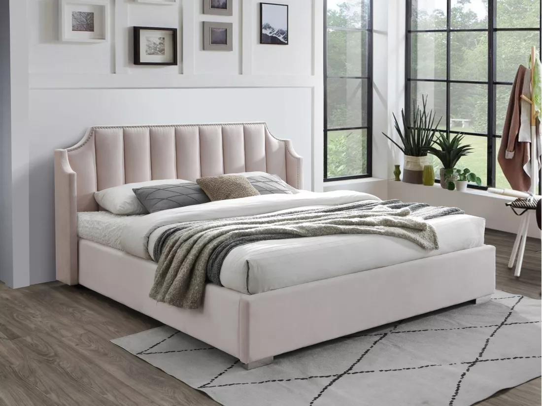 Lit coffre 140 x 190 cm avec tête de lit incurvée - Velours - Rose - TEOMIS
