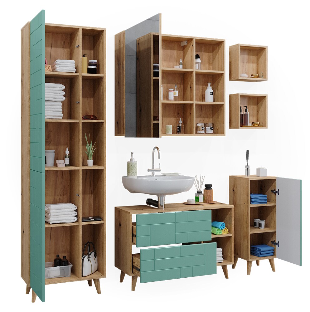 Vicco Badmöbel-Set Rudi in Eiche Evoke Mintgrün, Badezimmer, moderne Badserie Waschbeckenunterschrank Spiegelschrank Midischrank Hochschrank Wandregal