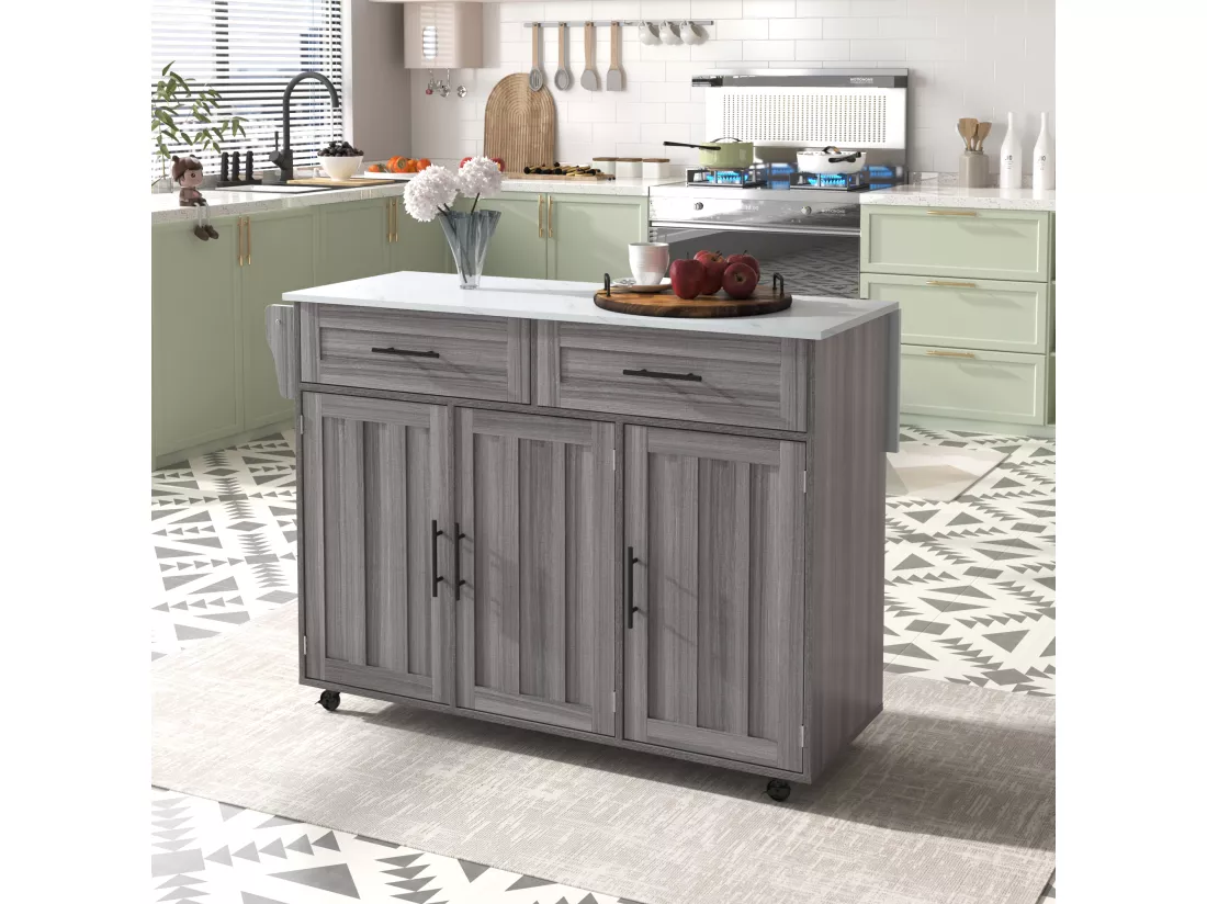 Ilot central de cuisine mobile - Plateau extensible - 2 tiroirs + portes d'armoire de rangement - Gris