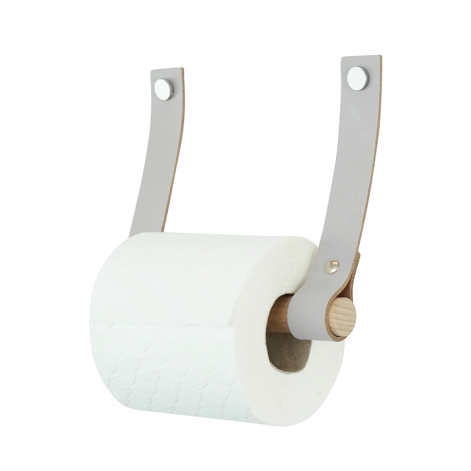 Leren toiletrolhouder (roldrager: rondhout) Lichtgrijs