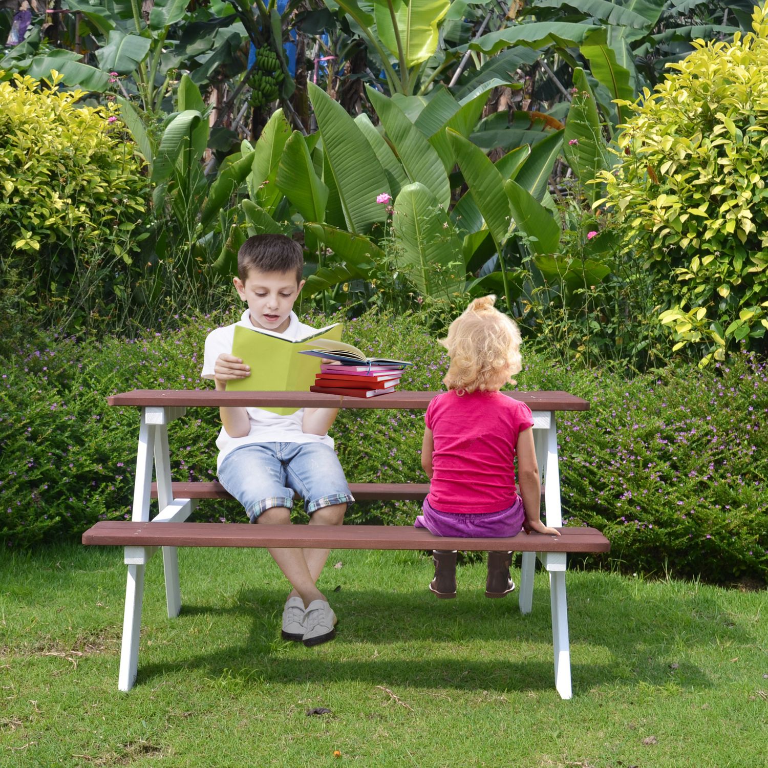 Coemo Picknicktisch Holz Kindersitzgruppe Weiß / Teak