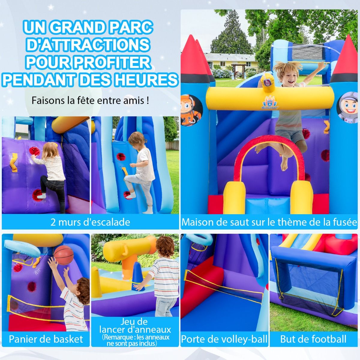 Château Gonflable à Toboggans Aquatiques Thème de La Fusée pour Enfants Piscine Zone de Saut Pistolet à Eau Escalade Souffleur de 850 W Multicolore - Lidl-Manfred