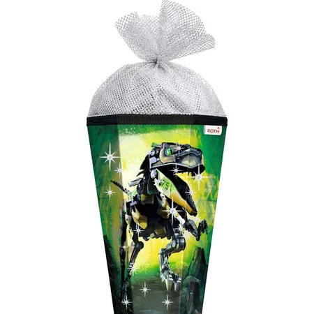 Roth Motiv-Schultüte, Robo-Rex, 85cm, eckig, Rot(h)-Spitze, Tüllverschluss, Folie & Silbertüll