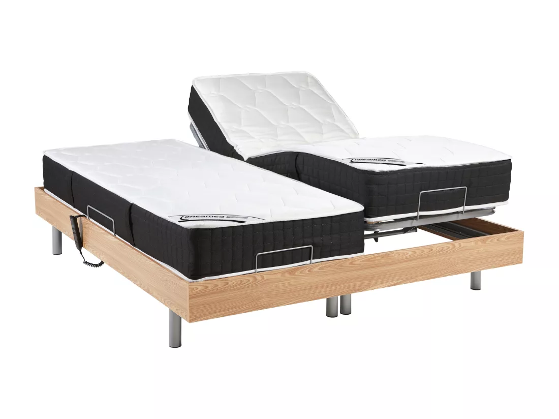 Lit électrique de relaxation tout plots + matelas ressorts ensachés et mémoire forme - 2 x 80 x 200 cm - Chêne - PHANES de YSMÉE