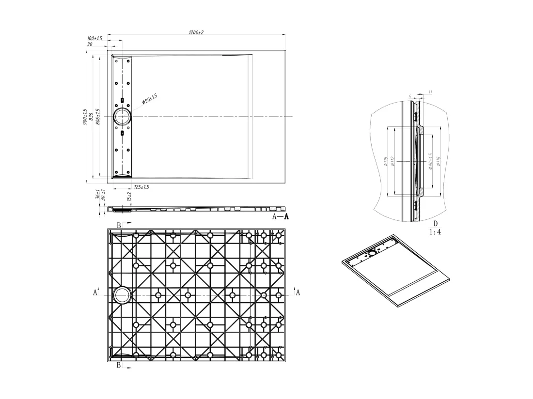 Receveur extra-plat à poser ou à encastrer découpable en résine SMC - Noir - 120 x 90 cm - LYROSA