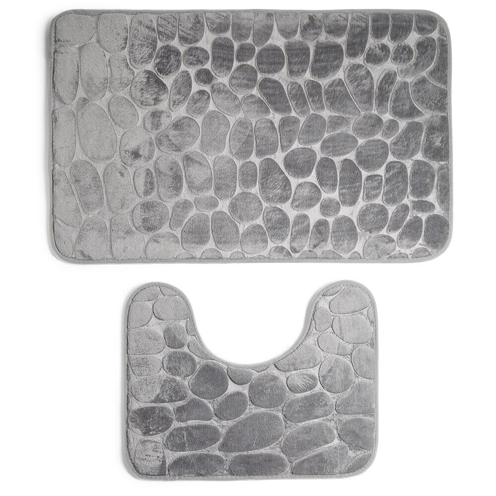 Ensemble tapis de bain et contour WC à mémoire de forme beige ou gris