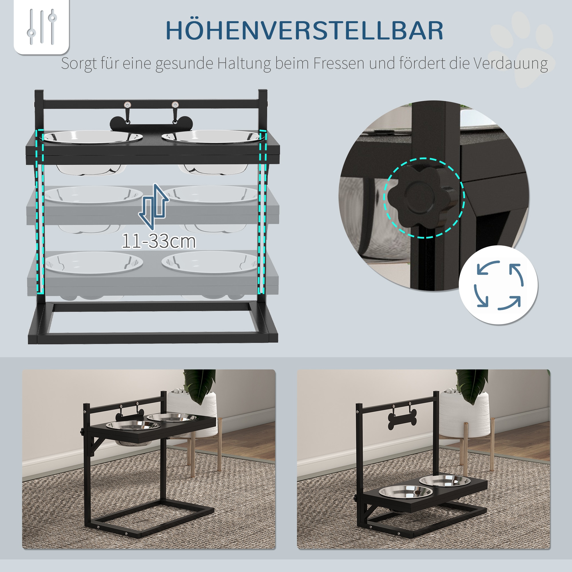 PawHut Futterstation mit individueller Höhenanpassung und selbst personalisierbarem Namensschild schwarz 40,5L x 22B x 39H cm