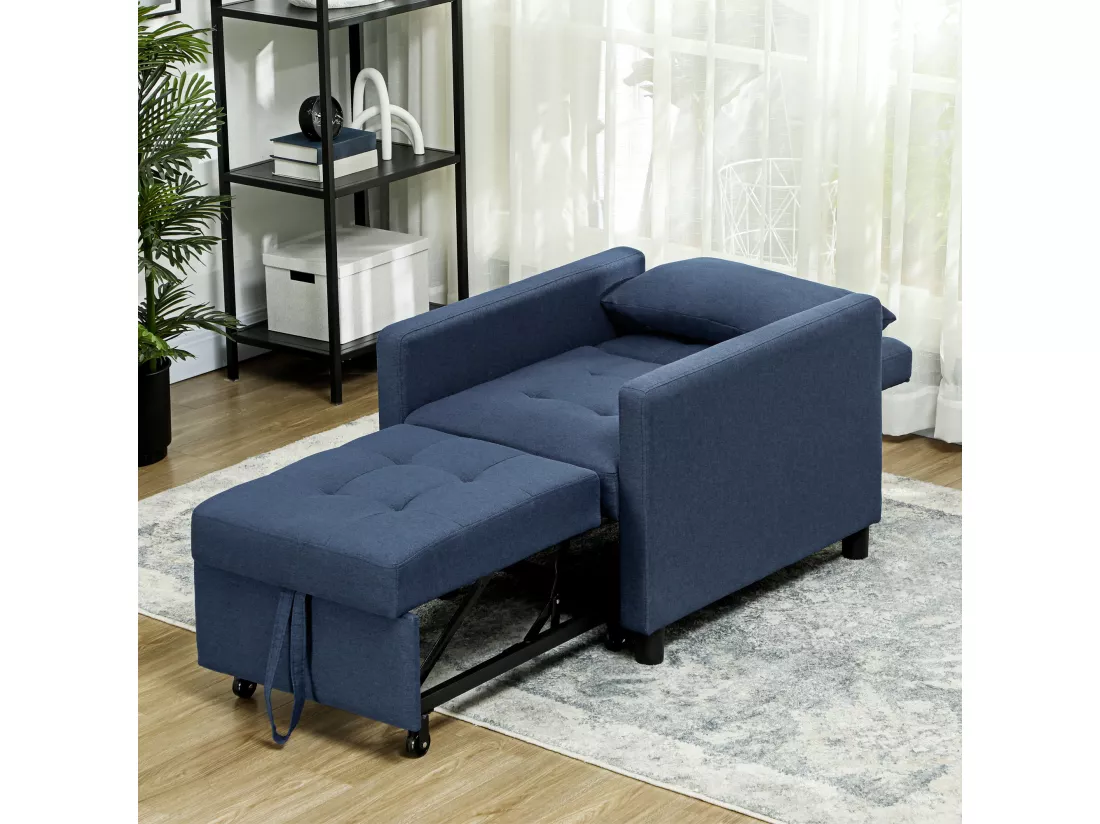 Fauteuil chauffeuse canapé-lit convertible 1 place dossier inclinable 3 positions coussin inclus polyester coton bleu