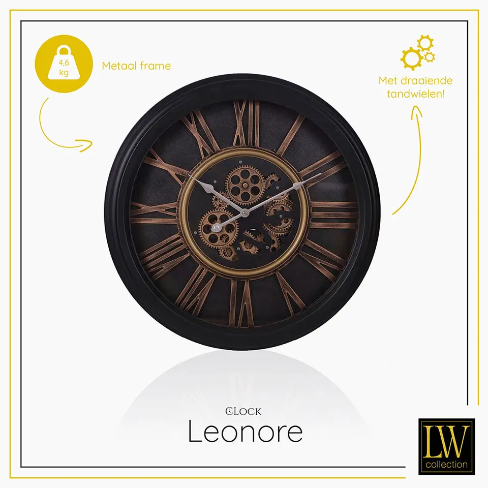 LW Collection Wandklok radar Leonore Zwart 52cm bewegende tandwielen