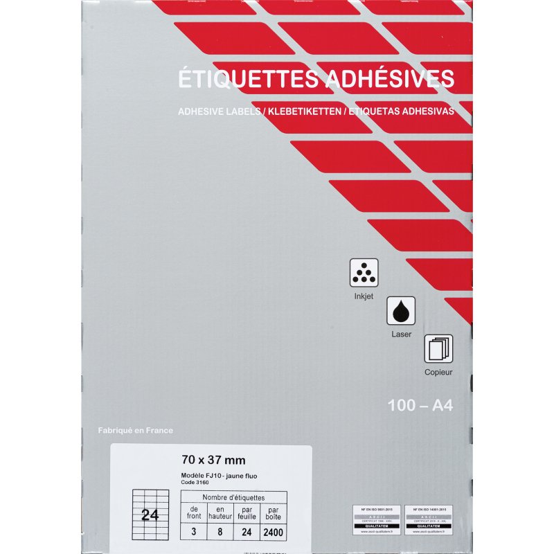 Etiquette jet d'encre et laser 70 x 37 mm couleur fluo - Boîte de 2400