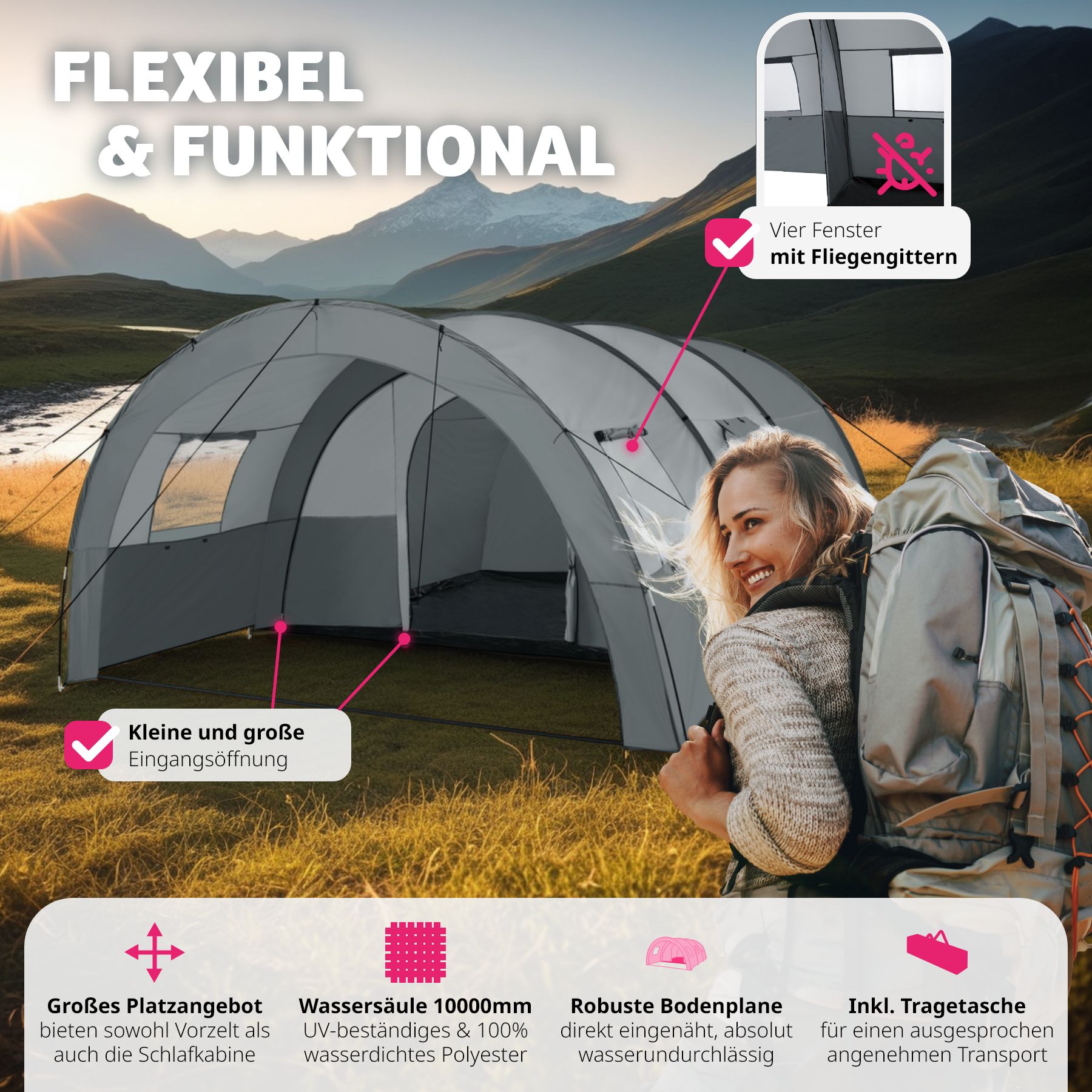 tectake® Tunnelzelt, für 6 Personen, 4 Fenster mit Moskitonetzen, 350 x 480 x 195 cm