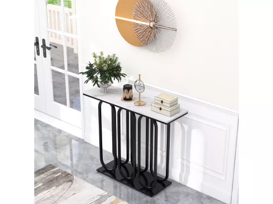 Table console, en faux marbre, design ovale moderne, cadre en métal noir 100 x 30 x 80 cm
