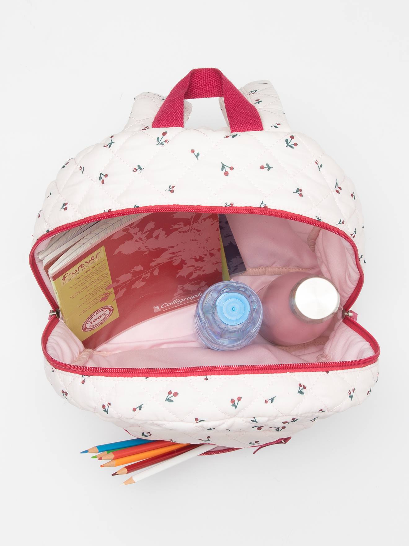 Mochila com estampa de cerejas, rosa claro, para meninas.