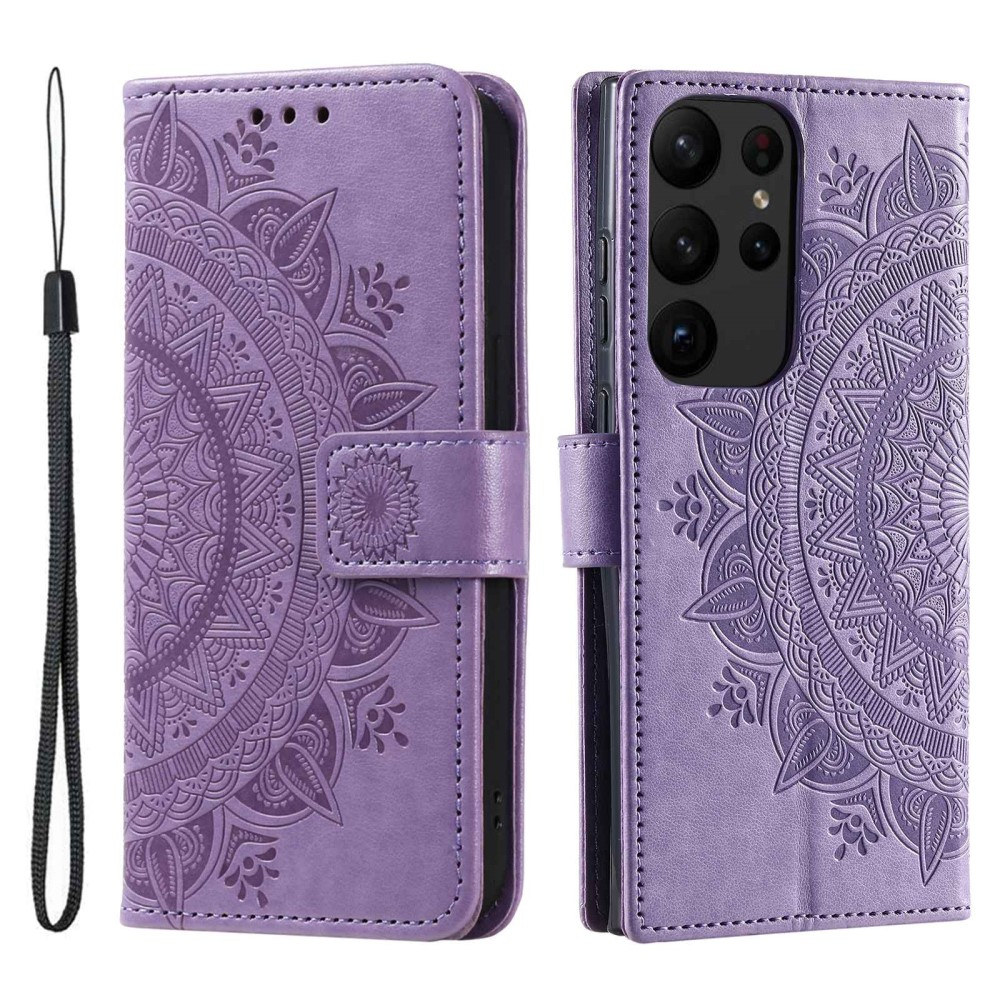 Samsung Galaxy S23 Ultra 5G Leder Tasche Wallet - Mandala Flowers Imprint - Violett