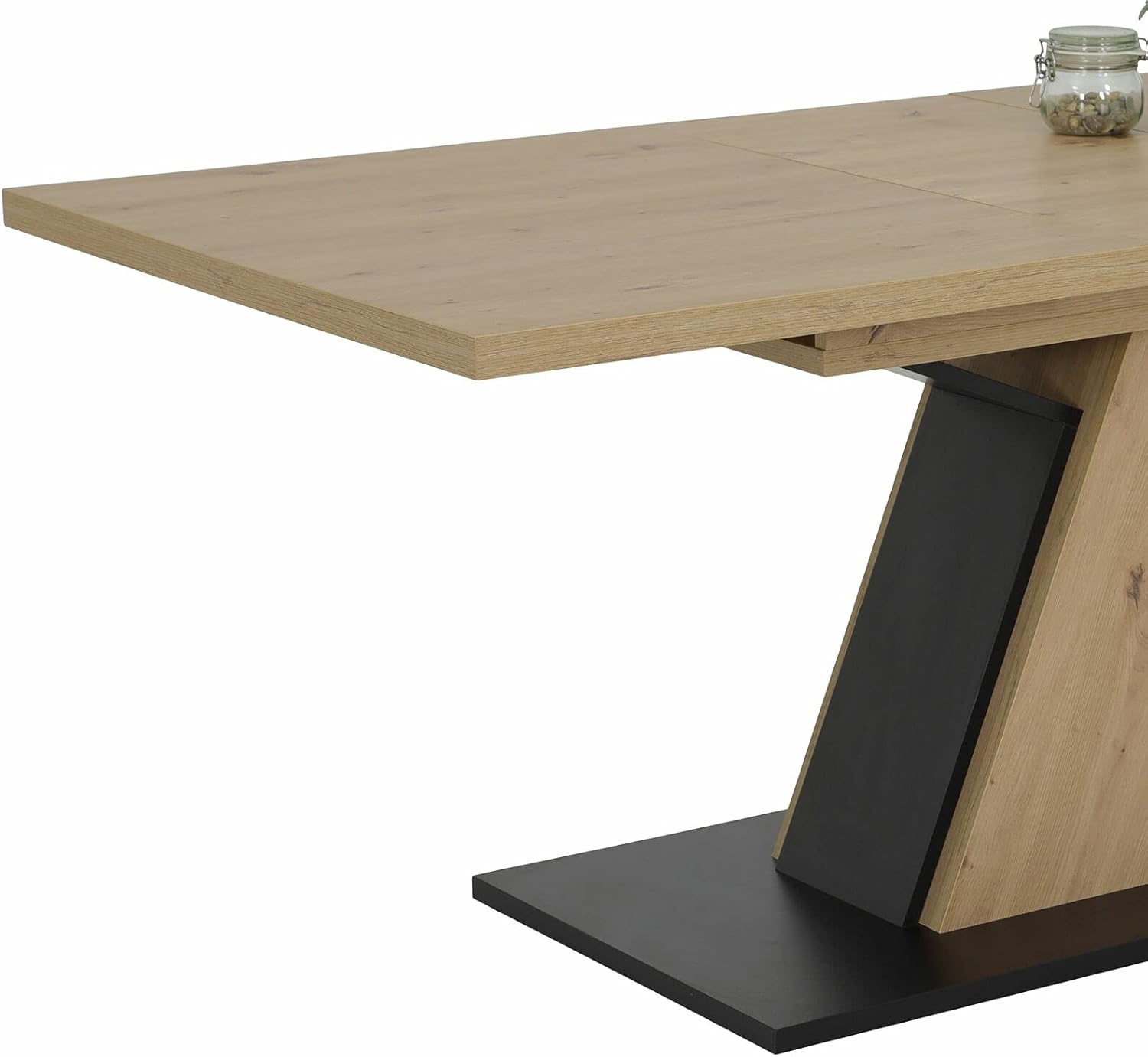Hela Tische, Säulentisch Esstisch Jeanette, Holzwerkstoff, Dekor Artisan Eiche, Bodenplatte Schwarz, Synchronauszug 140-180x90cm