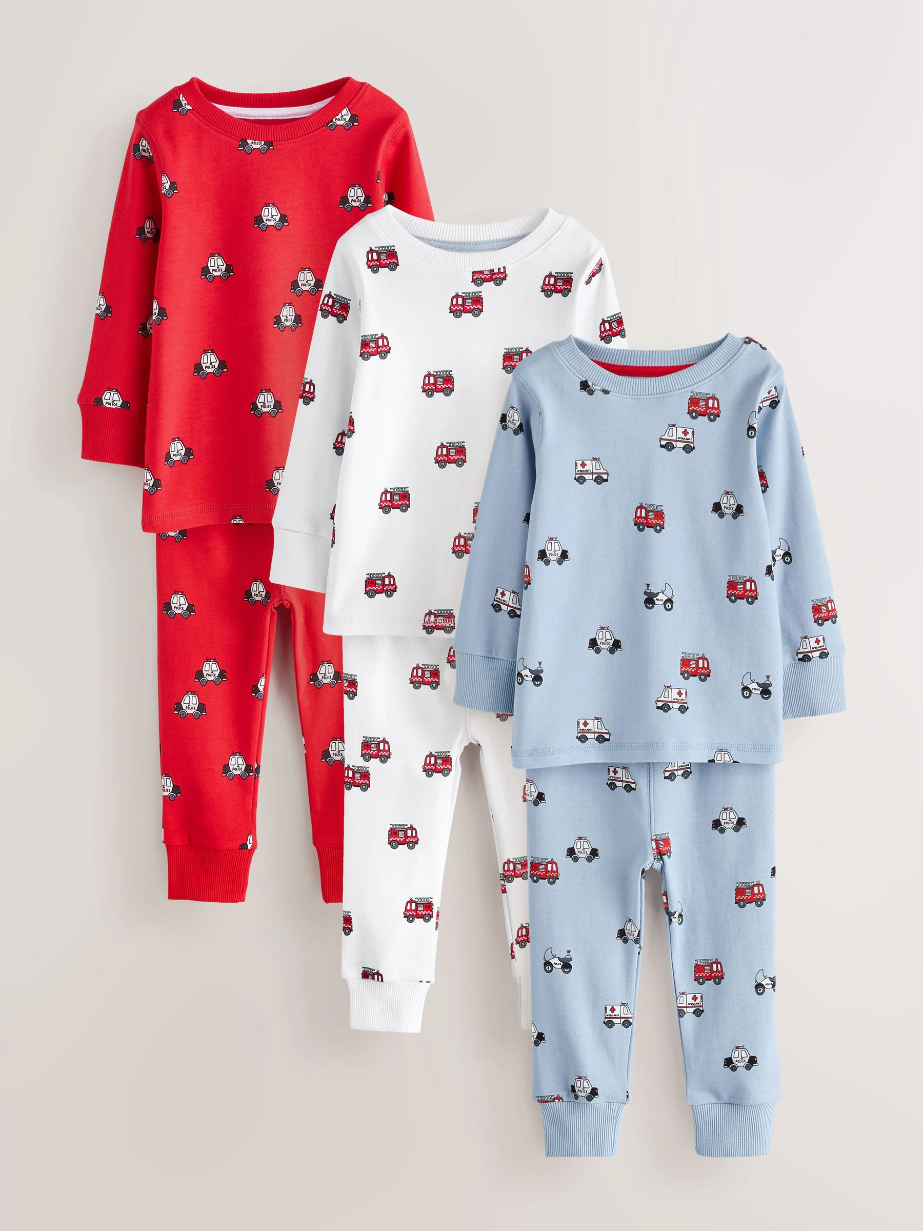 Donkerrood/blauw met hulpverleningsvoertuig - Mini Knusse Pyjama's 3 Set (9mnd-10jr)