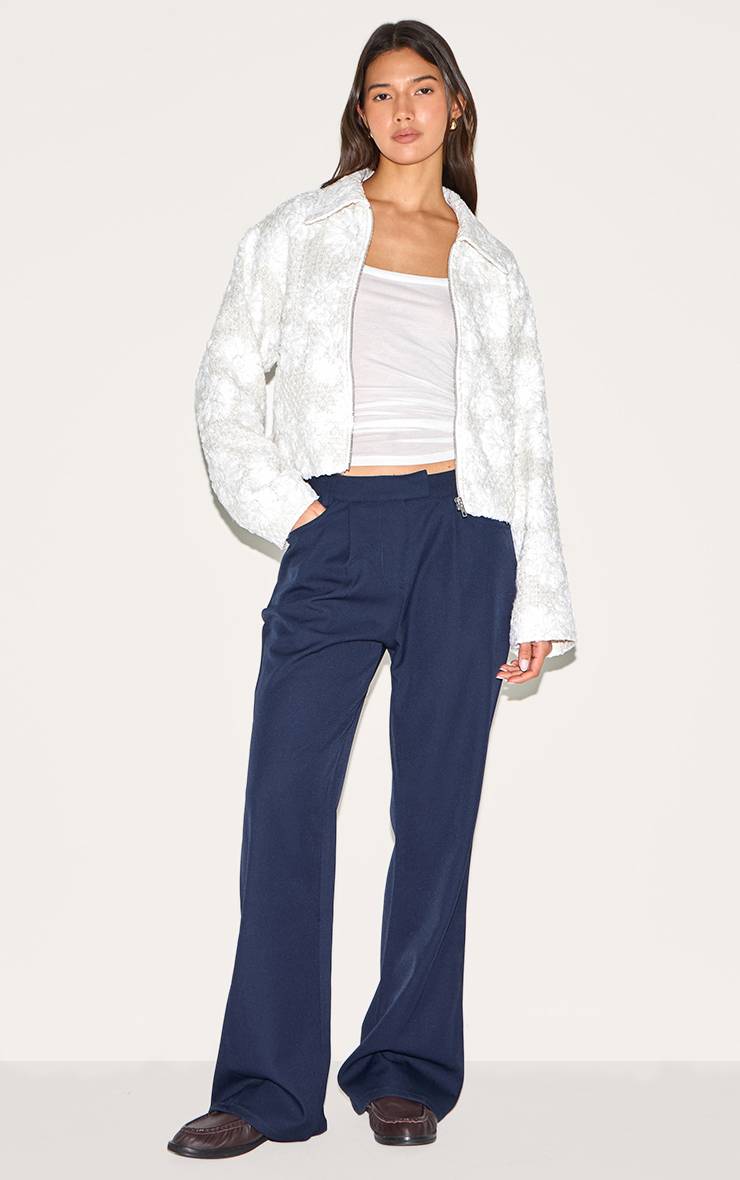 Blanc Veste Zippée Boxy À Détails Floraux