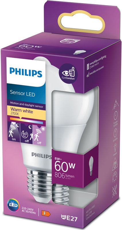 Philips - LED Sensor Lamp - Warmwit - E27 - 8W - Mat