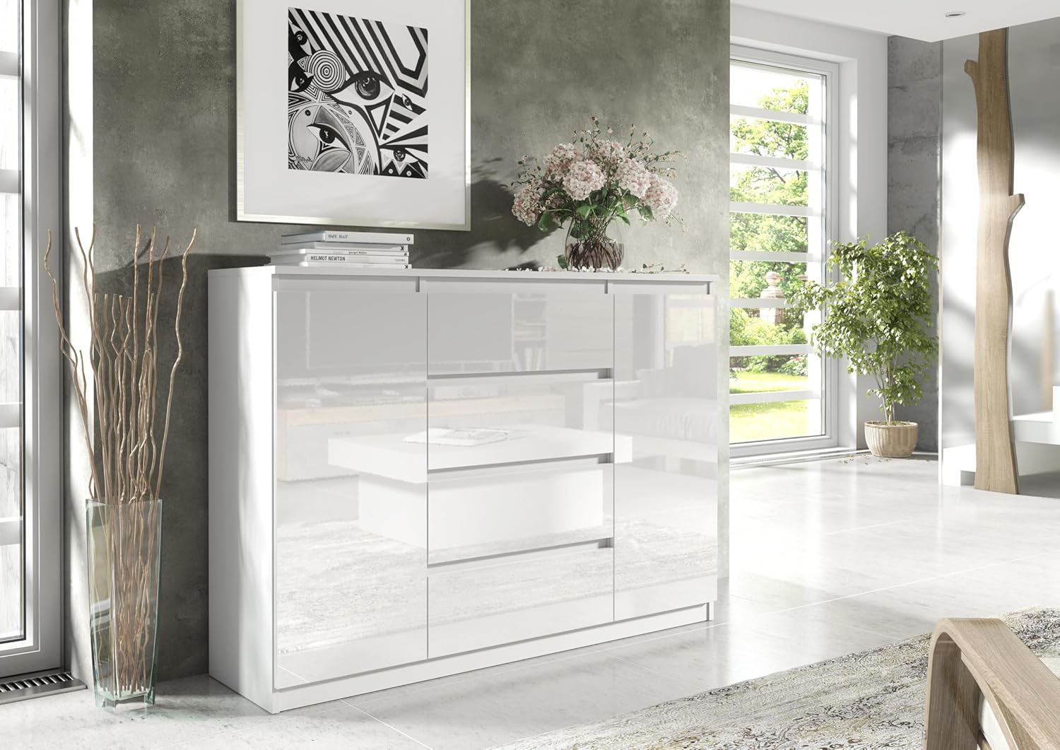 meble masztalerz Kommode mit 4 Schubladen und 2 Türen 140 cm, Sideboard Wohnzimmer, Schlafzimmer H: 101,5 cm, B: 138,6 cm, T: 39 cm Kommode mit Schubladen, Schubladenschrank (Weiss Hochglanz)