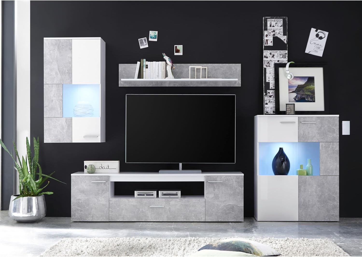 Vulcan Wohnwand Komplett-Set in Beton Optik, Weiß - Moderne Schrankwand mit LED-Beleuchtung für Ihr Wohnzimmer - 290 x 194 x 40 cm (B/H/T)