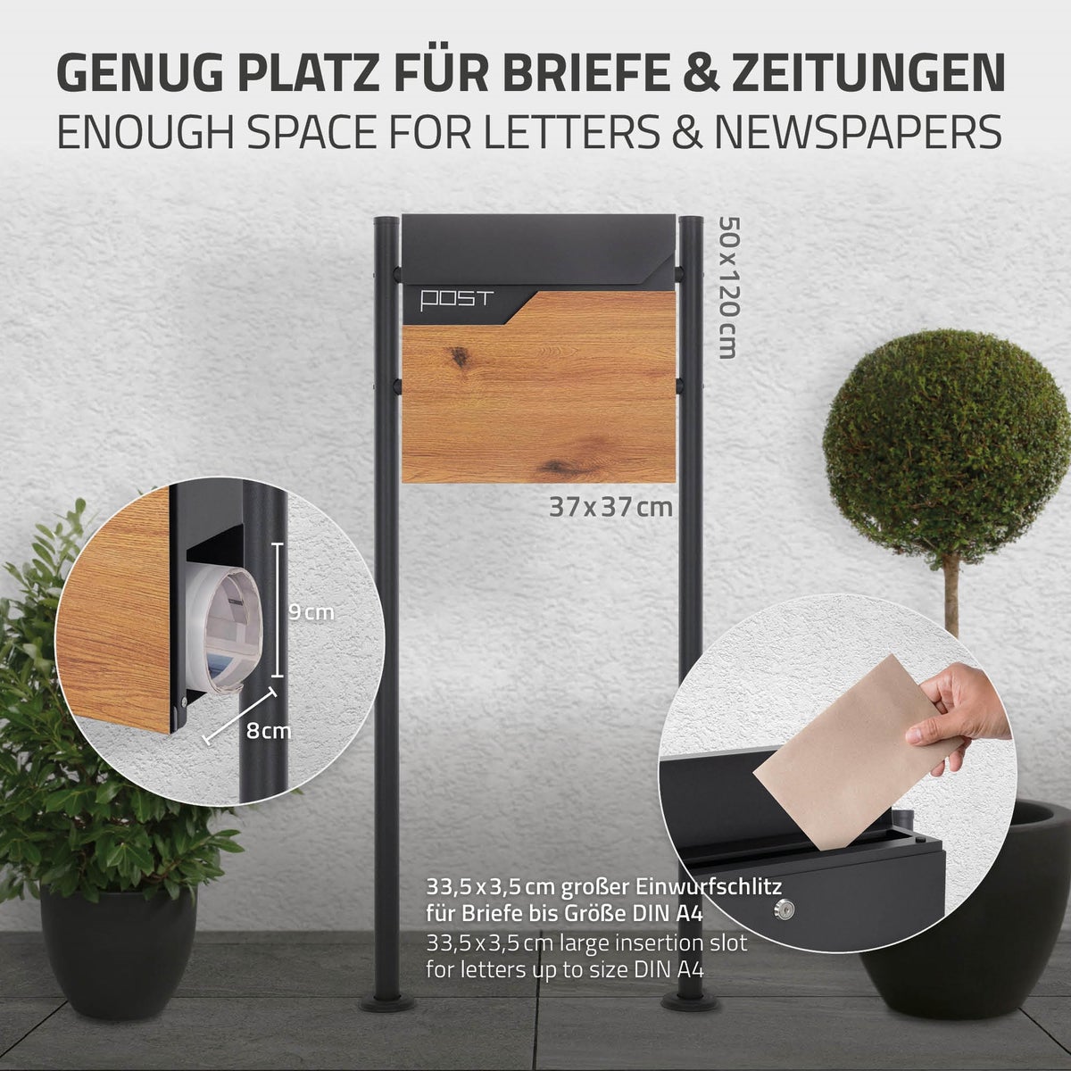 ECD Germany vrijstaande brievenbus met krantenvak, design brievenbus met post, brievenbussysteem, brievenbusstandaard antraciet roestvrij staal gepoedercoat, brievenbus antraciet houtlook roestvrij staal