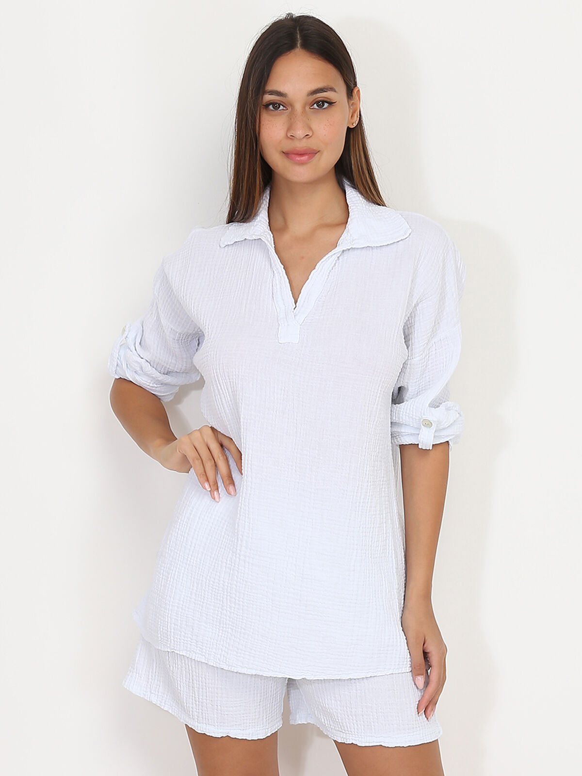 Ensemble blouse et short texturés- Blanc